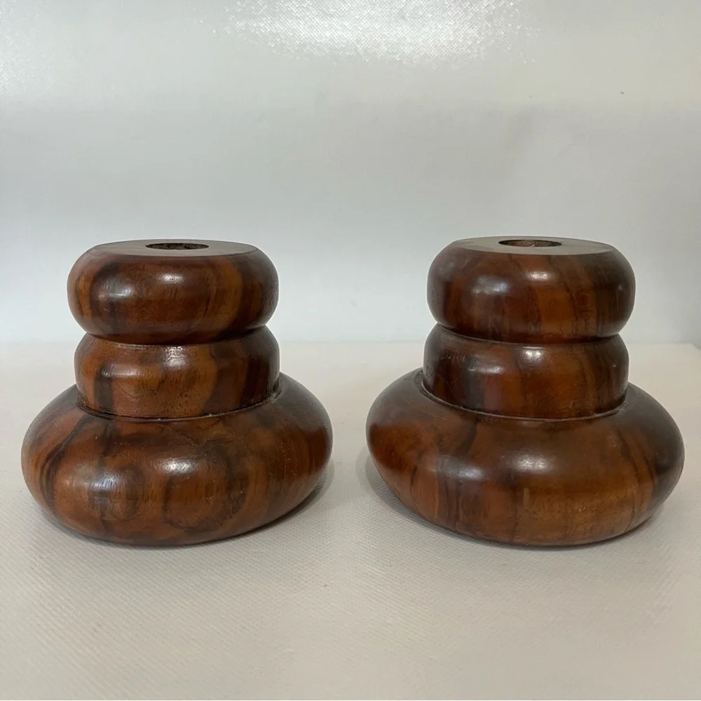 Vintage Wood Chunky Candle Holders Set of Two MCM